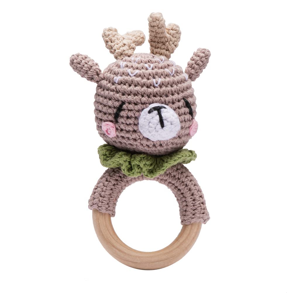 Youuys Baby Rattle - Wooden Crochet Animals Grasping Toy with Sound - Handmade Rattle for Newborn Gift for Boy and Girl (Elk) - Image 2