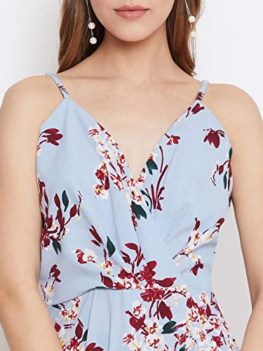 Image of Berrylush Women Floral Print Stylish Flaired Front Slit Shoulder Strap Maxi Dress Blue Small