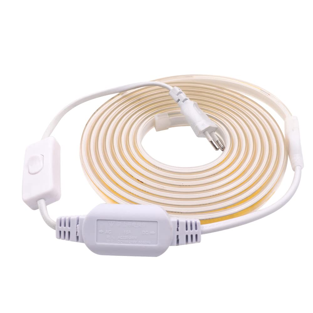 COB LED Streifen 10m, 220V 360 LEDs/m FCOB LED Band CRI≥90, Wasserdichte Hohe Dichte Flexibler Superhell Warmweiß COB LED Lichtband mit Schaltstecker für Schlafzimmer, Schrankbeleuchtung