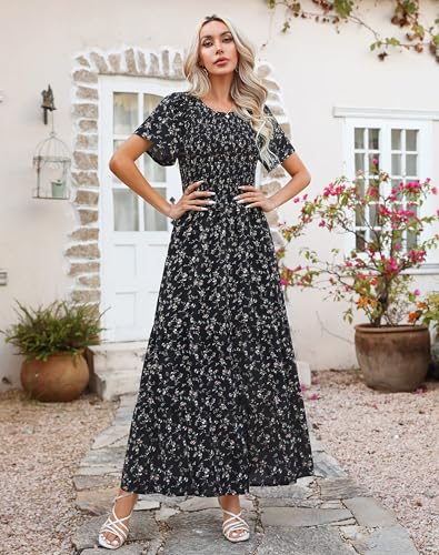 Image of Kranda Women 2025 Summer Fall Crewneck Short Sleeve Smocked Floral Maxi Dress