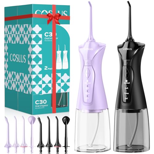 Image of COSLUS C30 Water Dental Flosser Pick for Teeth: 4 Modes Cordless Portable 300ML Larger Tank Water Teeth Cleaner IPX7 Flossing Cleaning Picks for Home Travel Black & Purple 2pcs Portable Set