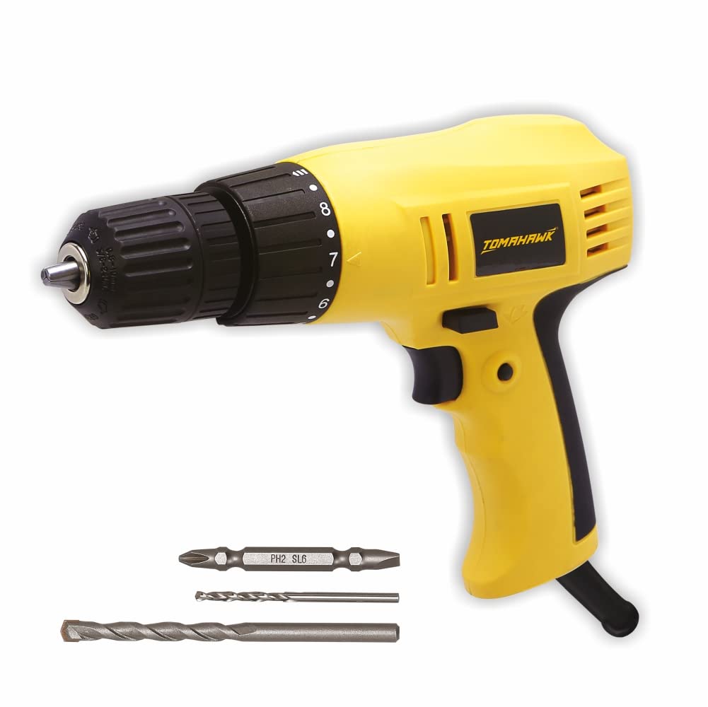 TOMAHAWK® T8646 300W 10mm Electric Screwdriver Drill with 3 Bits - Reversible Corded Drill Machine for Home DIY Use, Variable Torque and Speed (Max Chuck Size: 0.393 Inches, Yellow and Black)