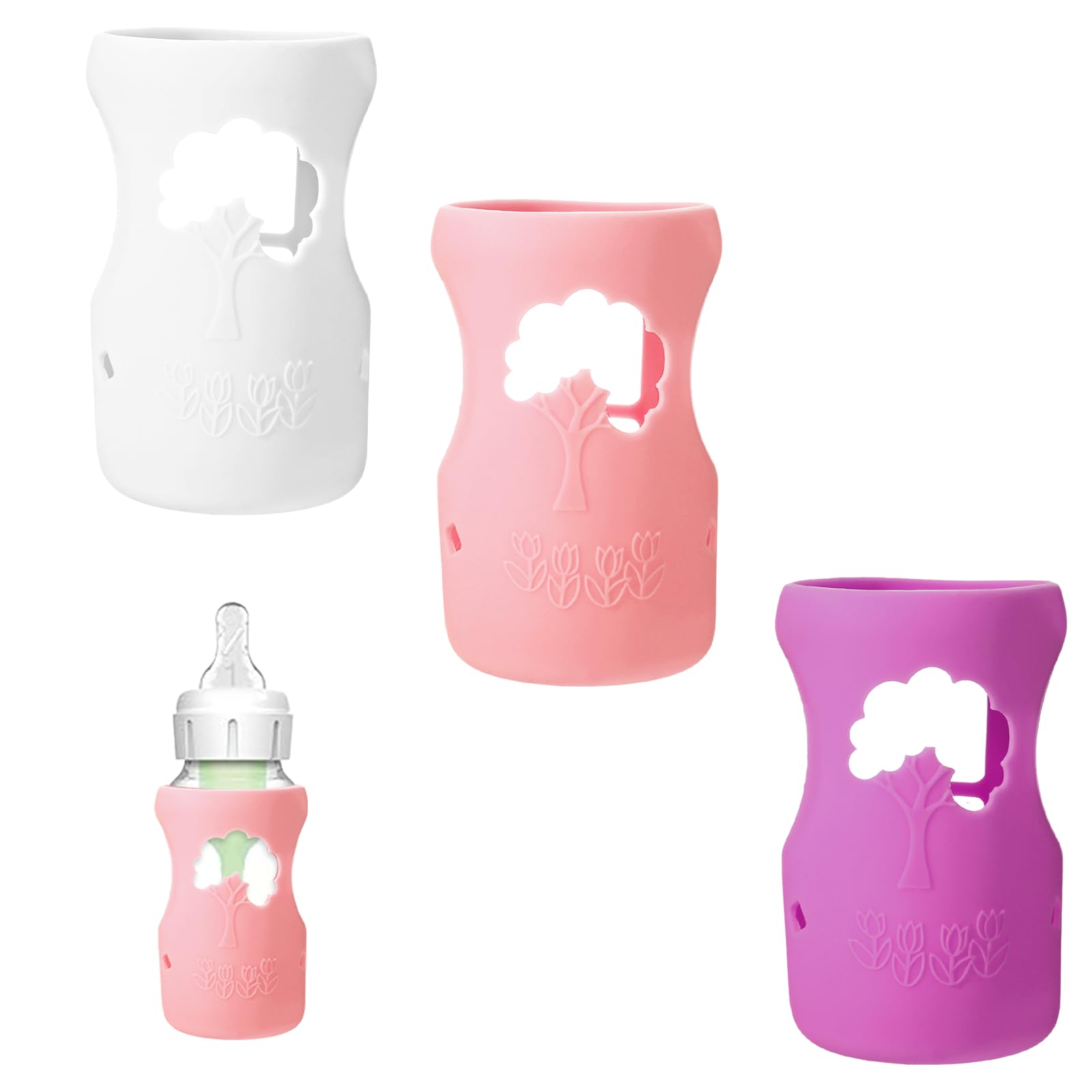 3 Pack Silicone Sleeve for Dr. Brown Wide-Neck Bottle 9 oz, Anti Breakage Bottle Holder for Baby with Tree-Shaped Cutout Design-BPA Free(White+Pink+
