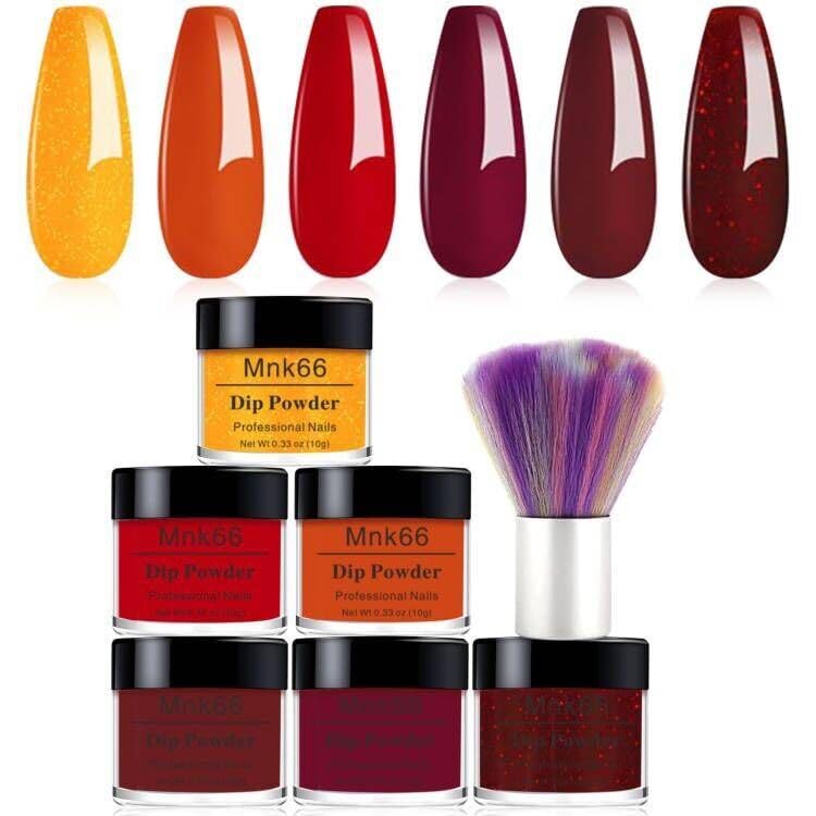 Juego de polvos de inmersión de 6 colores, juego de polvo de inmersión rojo y naranja con purpurina, arte de uñas brillante, manicura de bricolaje,