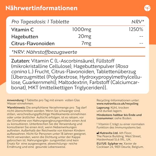 Nutravita Vitamin C 1000mg hochdosiert – 6 Monatsvorrat – Mit Bioflavonoide aus der Bitterorange und Hagebutte –180 Tabletten – 6 Monatsvorrat – Ohne unerwünschte Zusätze