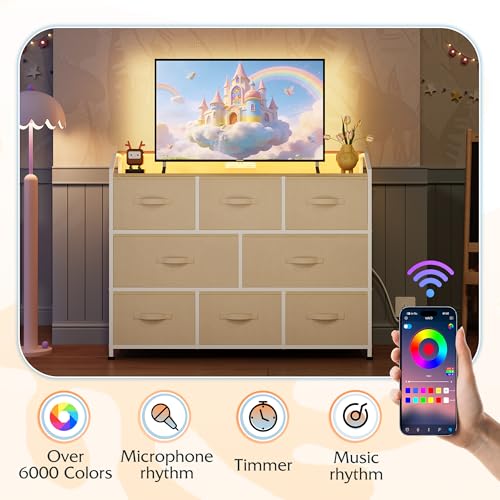 Image of WLIVE Led Dresser for Bedroom, TV Stand for Bedroom with LED Lights and Power Outlet, Wide Chest of Drawers for Hallway, 8 Fabric Drawers for Living Room and Entryway, Cream White