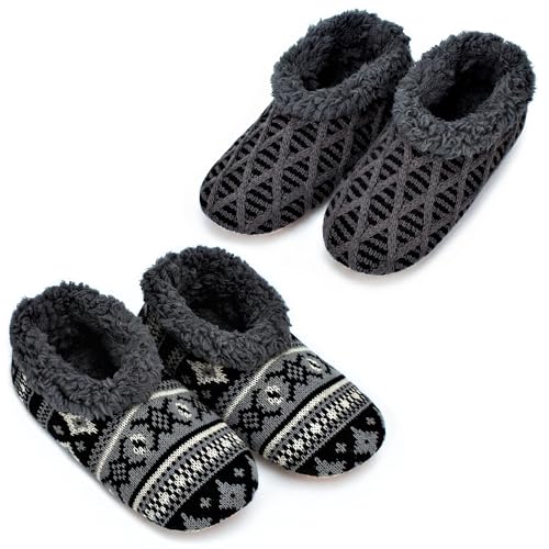 cosyone1997 2-Pair Mens Slippers Indoor Sherpa Lined Fuzzy Slipper Socks Non Slip Gripper Soles Size 10-11