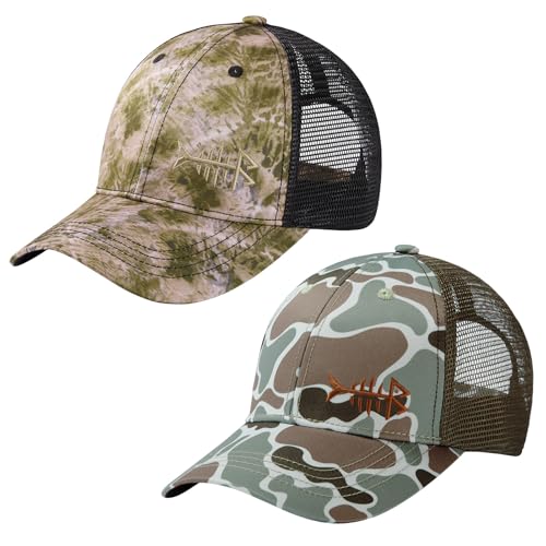 BASSDASH 2 Pack Altimate Fishing Hunting Hat Mesh Back for Men Women Adjustable Baseball Trucker Cap Camo Blaze Orange