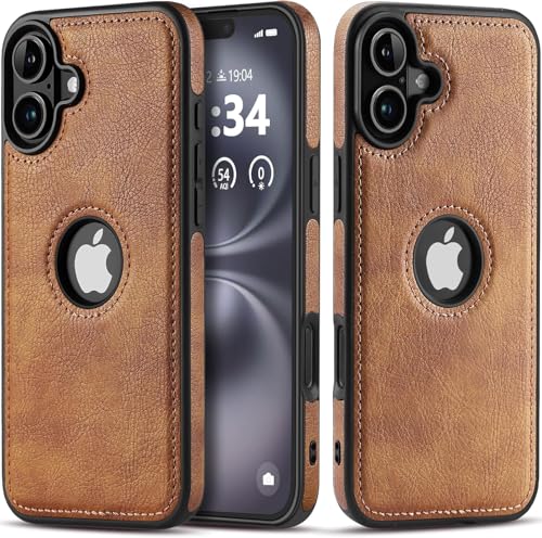 Image of MOBILOVE PU Leather Flexible Soft Logo View Back Case Cover Comes with Camera & Screen Protection for | iPhone 16 (Brown)