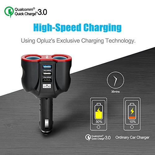 QC3.0 Smart Car Charger, 2 Socket + 3 USB (2xSmart USB Port & 1xQC3.0 USB Port) Multifunction Car Socket Splitter Adapter Built-in 10A Fuse for Smart Phones, Tablets, GPS, MP3 Players