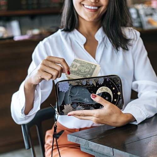 Image of Women's Wallets,Credit Card Holder Money Leather Long Wallet with Wristlet,Large Capacity with Zip-Around Phone Purse for Women Ladies Girls,Purple Flower&Cat