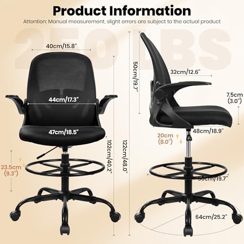 Image of Primy Drafting Chair Tall Office Chair with Flip-up Armrests Executive Ergonomic Computer Standing Desk Chair with Lumbar Support and Adjustable Footrest Ring (Black) (Pack of 2)