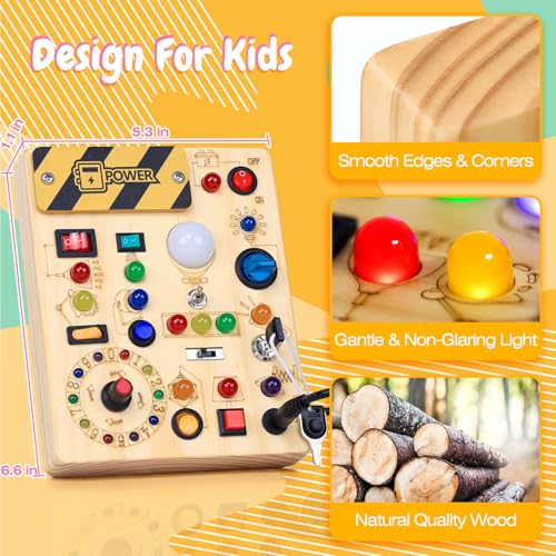 Image of Busy Board with LED Light Switches, Montessori Toys for 1 2 3 Years Old, Toddlers Wooden Toy Sensory Activity Board, Travel Toys for 1+ Year Old Boy & Girl Birthday Gift