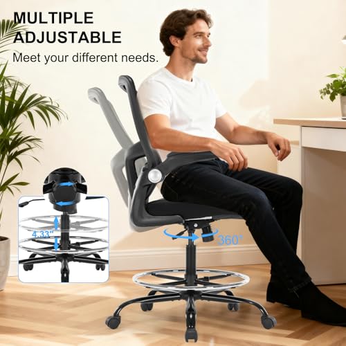 Image of Drafting Chair, Ergonomic Tall Office Chair with Lumbar Support Standing Desk Stool with Flip-up Armrests Comfy High Office Desk Chair with Adjustable Foot Ring for Counter Height Desk, Black