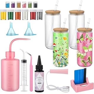 Skylety 4 Pack DIY Snow Globe Tumbler Supplies Kit 16oz Pre Drilled Double Wall Cup 12 Colors Glitter Squeeze Bottle Funnel Tweezer Bent Syringe UV Resin Flashlight Cup Holder Scraper(Log Color)