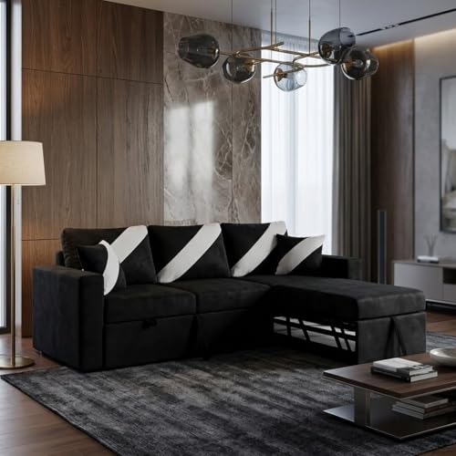 Image of FURNY Trivia 4 Seater LHS Lounger Sofa Cum Bed (Black) with Pull-Out Function | Luxury Velvet Suede Finish | Durable Comfort | Ideal for Living Room