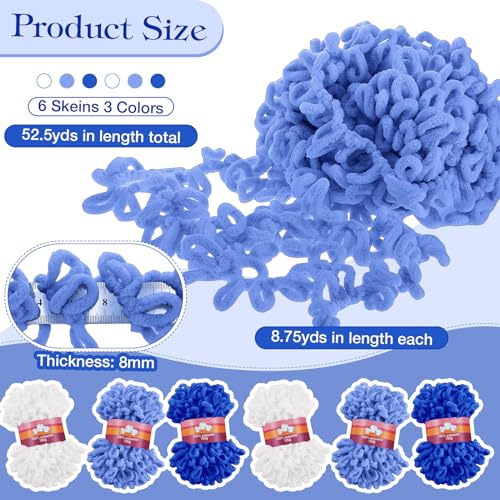 Image of Threlaco 6 Pack Finger Loops Yarn Bulk Soft Chunky Yarn 600 G / 6 Skeins for Mothers Day Beginners Knitting No Needles or Hooks(White, Light Blue, Dark Blue)