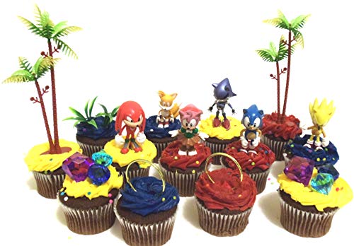 Classic SONIC THE HEDGEHOG Birthday CUPCAKE Topper Set Featuring Super Sonic, Amy Rose, Miles Tails Prower, Sonic, Metal Sonic and Knuckles, Themed Decorative Accessories - Figures average 2.5" Tall
