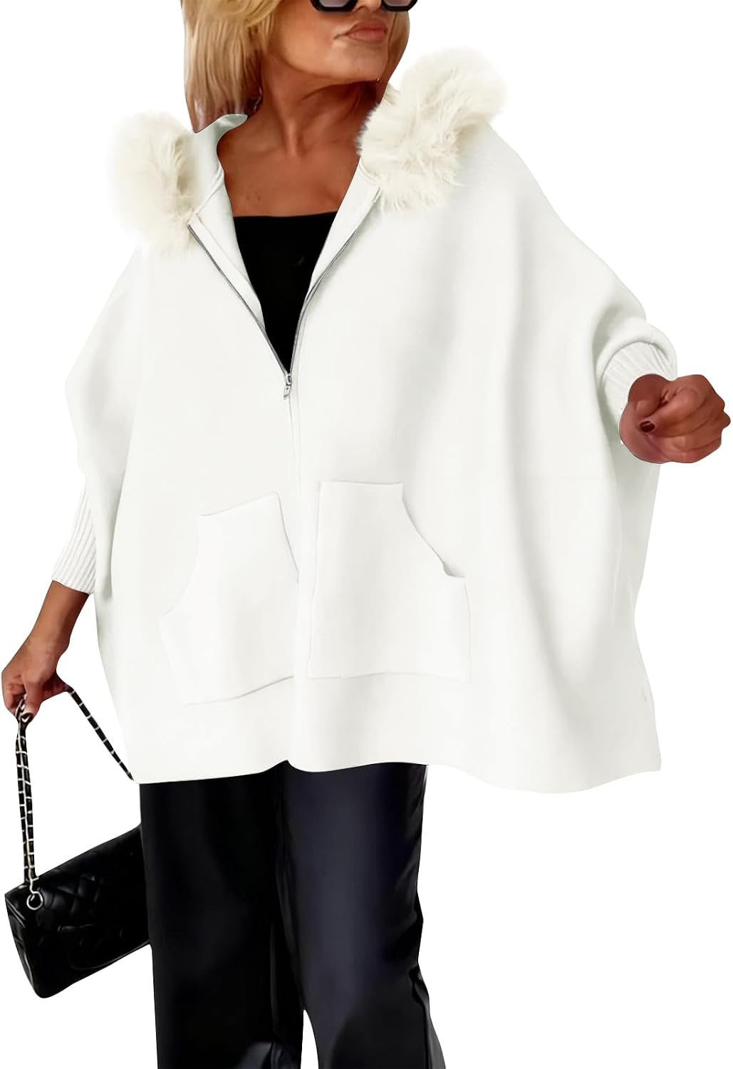 FQZWONG Women’s Zip Up Hooded Poncho Sweater Trendy Fur Collar Solid Color Jacket Casual Knit Cardigan Faux Fur Lapel Coat