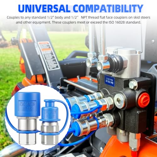 Image of 1 /2'' NPT Flat Face Hydraulic Quick Connect Couplers /Couplings Set w /Dust Caps ISO 16028 Standard, Skid Steer Bobcat 1 /2 Body Quick Disconnect 2Set