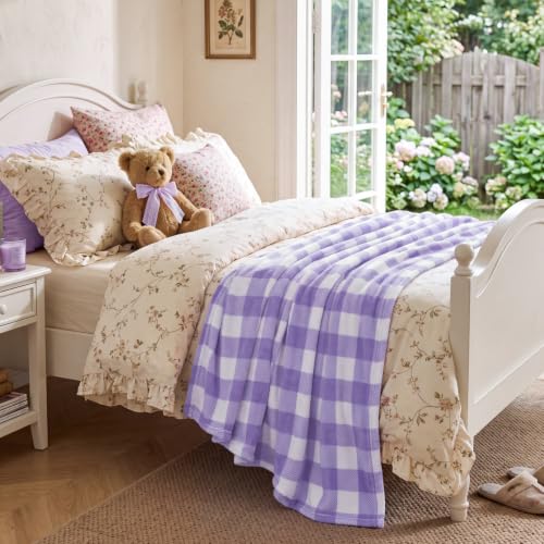 Image of BEDELITE Plaid Fleece Throw Blanket, Purple & White Buffalo 60x80 Inches