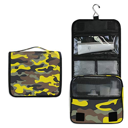 Linomo Trousse de Toilette de Voyage à Suspendre pour Femme et Homme, Camouflage Jaune, Gris, Grande Trousse de Maquillage avec Crochet Cover