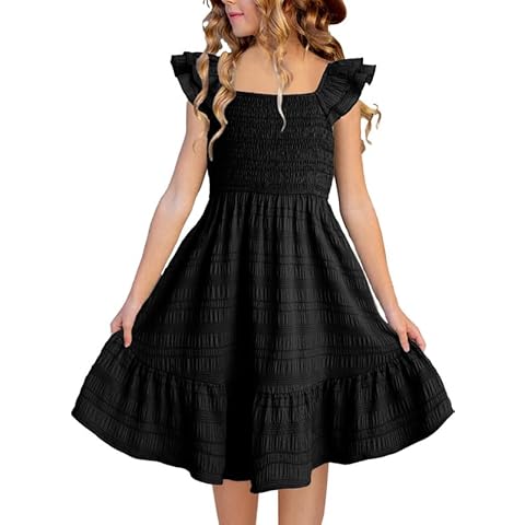 DOKOTOO KIDS Girls Smocked Dress Summer Double Layer Ruffle Short Sleeve Swing Boho Fancy Dress Semi Formal Dressy Clothes Black 12-13 Years Cover