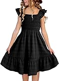 DOKOTOO KIDS Girls Ruffle Sleeve Dresses Summer Casual Smocked A-Line Swing Dress Graduation Dress for Girls Black 14-15 Years