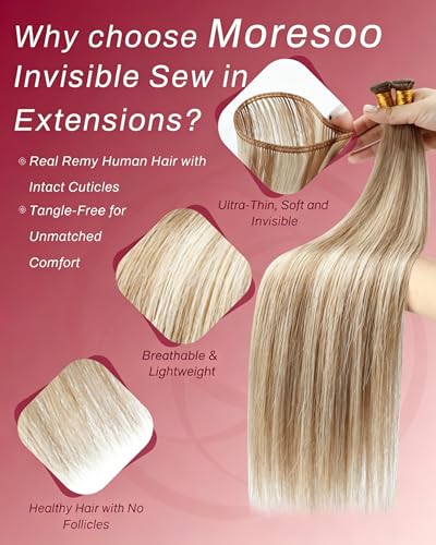 Image of Moresoo Genius Weft Hair Extensions Human Hair, Balayage Light Brown to Fresh Blonde 18inch 50g, Invisible Sew in Hair Extensions Real Remy Soft Straight for Volume Daily Wear