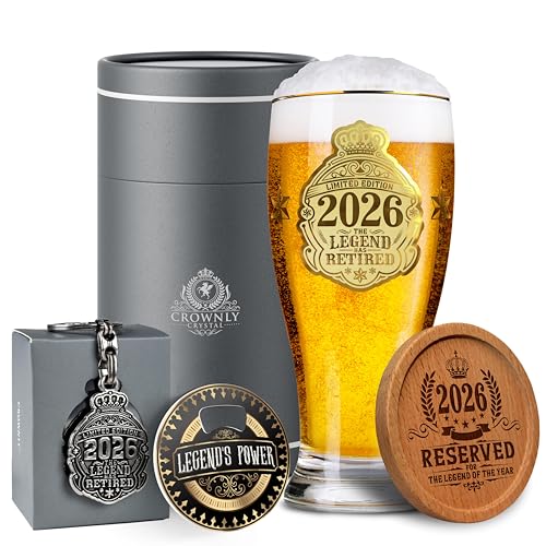 CROWNLY CRYSTAL® 2026 Regalo Jubilación Hombre Copas Personalizadas de Cerveza 570 ml Regalo Personalizado para Padre o Abuelo Decoración de Fiesta de Jubilación