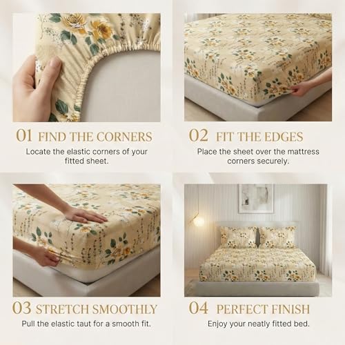 Image of VAS COLLECTIONS 300 TC Premium Cotton Fitted Bedsheet Set Double Bed 78x72+10 Inch | Soft Breathable Sheet with 2 Pillow Covers | Luxury Printed Bedding | Elegant Durable Bed Linen (Warm Beige)