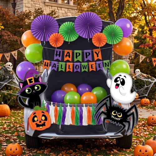 Image of JOYIN Halloween Trunk or Treat Car Decorations Kit with Happy Themed Design, Garage Archway Decor with Banner, Paper Fans, Balloons, Tassel and Pumpkin Stickers
