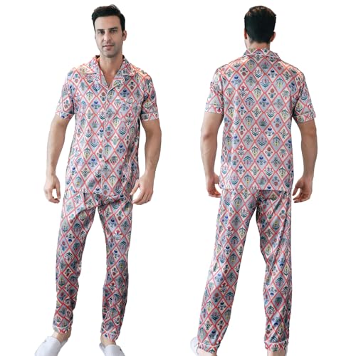 Men's Satin Pajama Set Short Sleeve Silky Pajama Pants Button Down Sleepwear Multicolor Silky Men's Pajama Set3