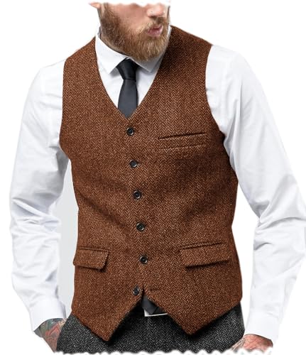 Tuikayoo Mens Herringbone Suits Vests Wool Business Tweed Retro Waistcoats Groomsman Slim Fit(XX-Large, Orange)