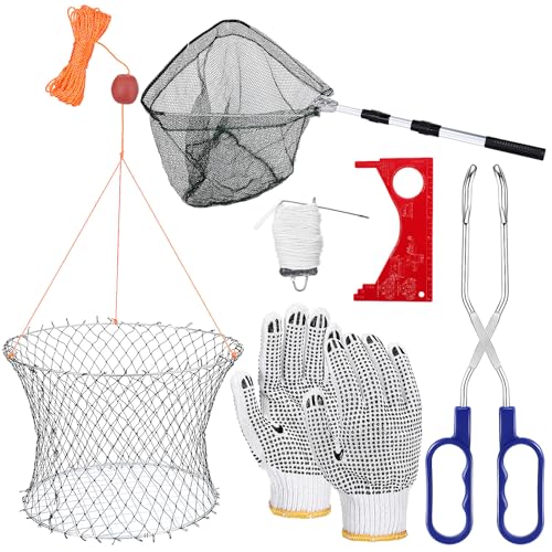Poen Wire Grid Bottom Crab Nets Two Ring Crab Kit with Harness and Bait Clip 24'' x 20'' x 12'' Foldable Fishing Net Hand Casting Cage Fishing Crabbing Net