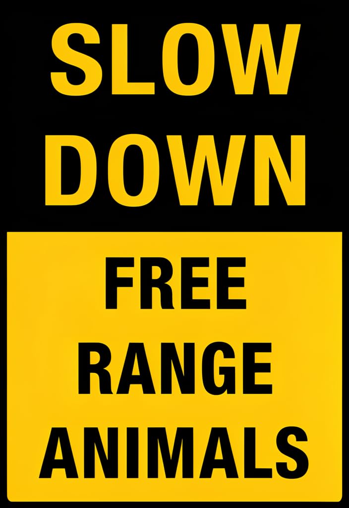 peiyeety Slow Down Free Range Animals Tin Sign 12x8 Inch, Funny Farmhouse Metal Wall Decor, Black and Yellow Rustic Warning Sign for Barn, Chicken Coop, Ranch, Yard, Home Decor Gift