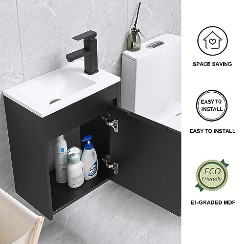 16" Bathroom Vanity Sink Combo for Small Space, Wall Mounted Bathroom Cabinet Set with White Resin Basin Sink Top Black Faucet Pop Up Drain Black