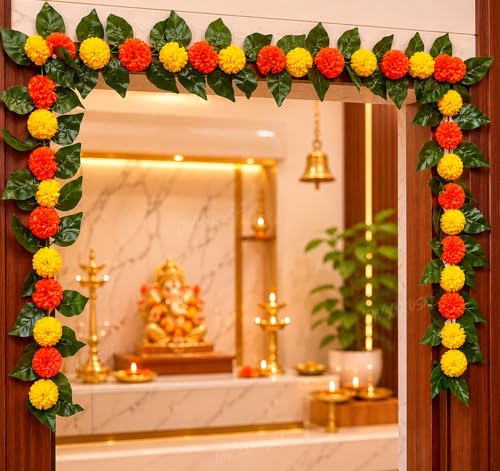 Image of Divyakosh Mango Leaf Vine /Creeper with Marigold Flowers for Door Entrance Decor, 80 Inch Artificial Floral Thoran /Bandarwal /Galrand, Festive Hanging for Diwali Pooja Ganpati Navratri Home