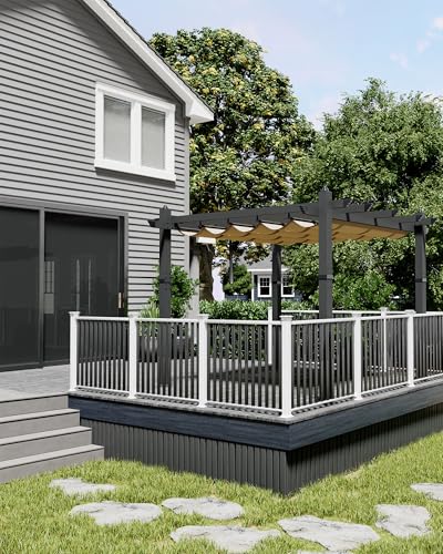 Image of KYBOLT 10x10 Ft Outdoor Pergola Metal Gazebo with Retractable Canopy for Backyard Deck Patio Porch Grape Trellis(Khaki)