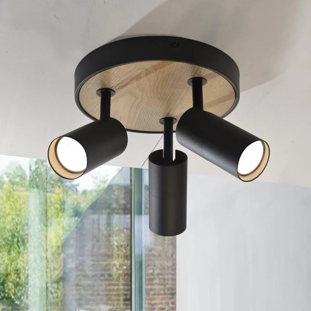 Ceiling Spotlights for Bedroom,3 Way Wood Kitchen Lights Ceiling,Modern Black Ceiling Light with Rotatable Lampshade,Indoor Gu10 Spots Light Ceiling Round for Hallway,Living Room,Study,Stairwell