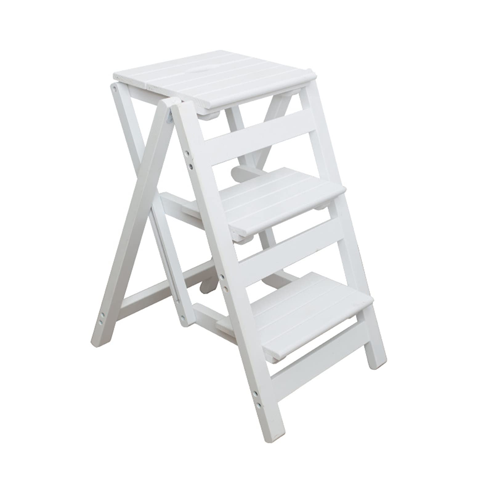ZGYOZMNG Hardwood Step Stool Adults Step Stool, 3 Household Multifunctional Ladders Chair Folding Wooden Library S (White) (White)