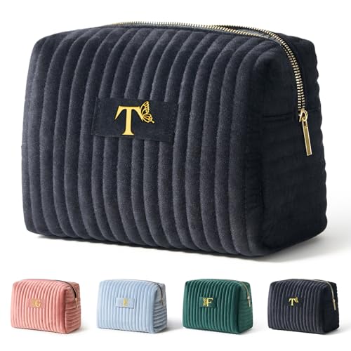 Image of COSHAYSOO Travel Makeup Bag Quilted Make Up Pouch Initial Velvet Cosmetic Case with Butterfly Decorations for Womens Fashion Trending Birthday Easter Valentines Gifts Ideas Unique Black Letter T