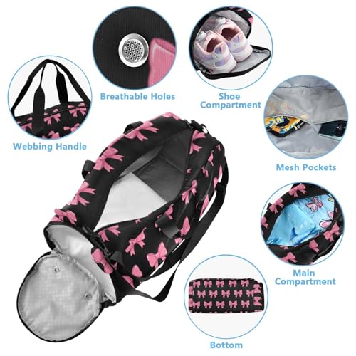 Elegant Bows Pink Black Duffle Bag for Girl, Sports Duffle Gym Bags with Shoe Compartment, Personalized Overnight Bag Travel Weekender for Kids3