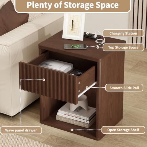 Image of Fluted Nightstands Set of 2 w /Charging Station, Wooden End Table Bed Side Table with Curved Drawer, Mid Century Modern Fluted Night Stand with Rounded Edge for Bedroom, Living Room Sofa, Walnut