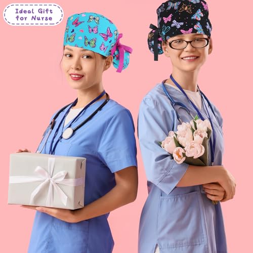 Image of 6 Pcs Scrub Caps for Women Doctor Nursing Hats with Buttons Adjustable Tie Back Working Cap Bouffant Scrub Hats for Women Men