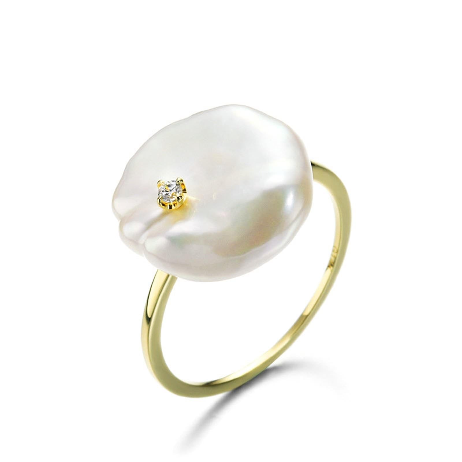 Goldring Damen 585 Echtgold 14K Ehering Weiß Perle Irregulär, Matching Rings mit Perle Diamant Ringe Frauen