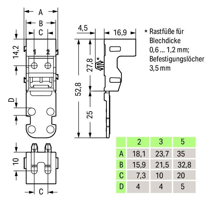 Image of 221-513 | WAGO 221 Series mounting Carrier (24-12 AWG) | 3-Conductor | with snap-in mounting Foot for Horizontal mounting | White | [Box of 10 Pieces]