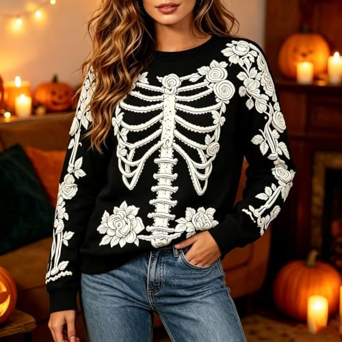 GAHIEDIM Skeleton Sweater,Halloween Sweaters for Women Skeleton Crewneck Knit Pullover Long Sleeve for Fall Casual Outfits Black 01 Large - image 3