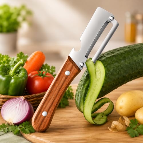 Image of Stainless Steel Vegetable Peeler with Wooden Handle & Built-in Bottle Opener - Single Blade Fruit & Veg Peeler with Ergonomic Grip, Rust Resistant Kitchen Tool for Home Cooking Use