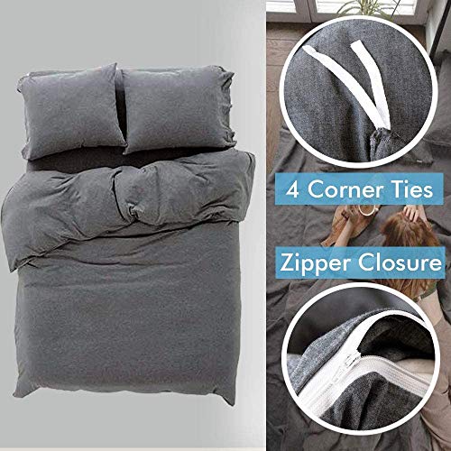 Atsense Duvet Cover Queen Size, 100% Washed Cotton Linen Feel Super Soft Comfortable, 3-Piece Dark Grey Duvet Cover Bedding Set, Durable And Easy Care, Simple Style Farmhouse Comforter Cover #TOP3